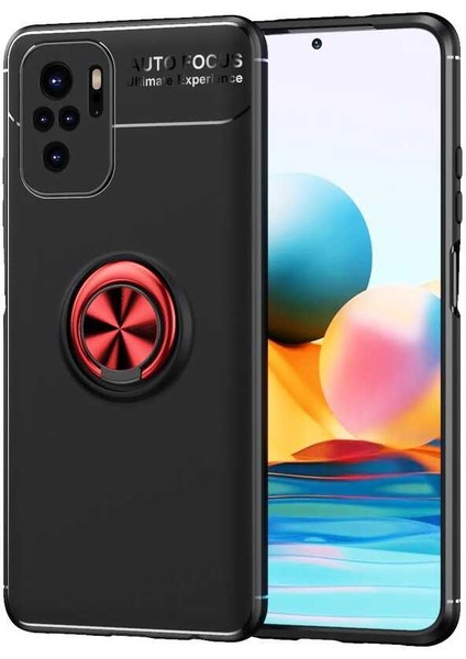 Xiaomi Redmi Note 10S Kılıf Ultra Korumalı Yüzüklü Manyetik Ravel Silikon + Tam Kaplayan 5d Cam Ekran Koruyucu Siyah - Kırmızı