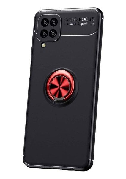 Samsung Galaxy M12 Kılıf Ultra Korumalı Yüzüklü Manyetik Ravel Silikon + Tam Kaplayan 6d Nano Ekran Koruyucu Siyah - Kırmızı
