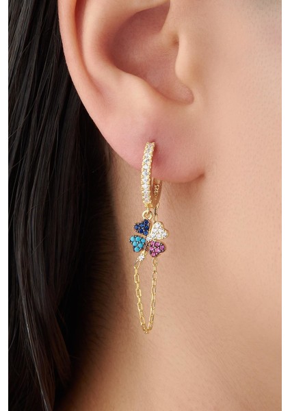 Gümüş Altın Kaplama Zincirli Yonca Küpe