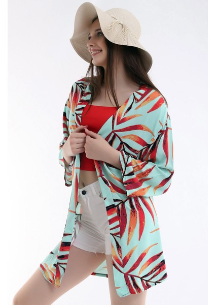 Bayan Mint Tropikal Uzun Kimono modelleri