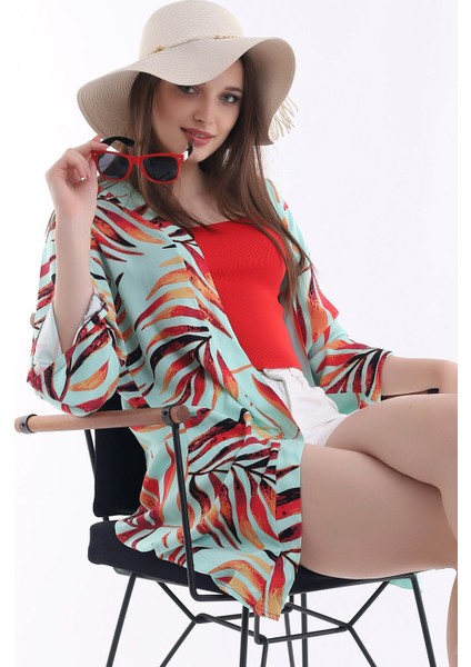 Bayan Mint Tropikal Uzun Kimono indirimleri