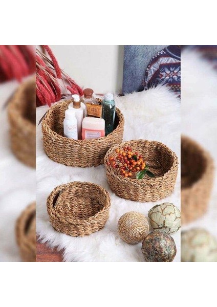 Yuvarlak Bambu Rattan 3'lü Lüx Sepet Takımı