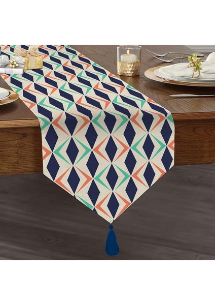 Renkli Geometrik Desenli Dijital Baskılı Modern Püsküllü Şönil Üçgen Runner