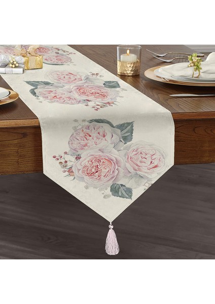 Soluk Çiçek Motifli Modern Baskılı Püsküllü Şönil Üçgen Runner