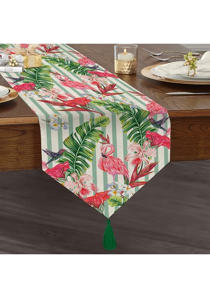Flamingo Motifli Şerit Desenli Dekoratif Püsküllü Şönil Üçgen Runner
