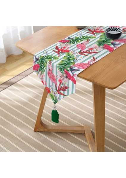 Flamingo Motifli Şerit Desenli Dekoratif Püsküllü Şönil Üçgen Runner fiyatları
