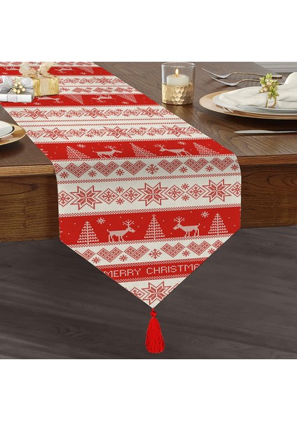 Kanaviçe Christmas Tasarımlı Dijital Baskılı Modern Püsküllü Şönil Üçgen Runner