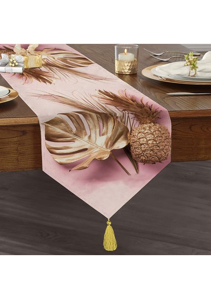 3D Yaprak ve Ananas Desenli Özel Tasarım Püsküllü Şönil Üçgen Runner