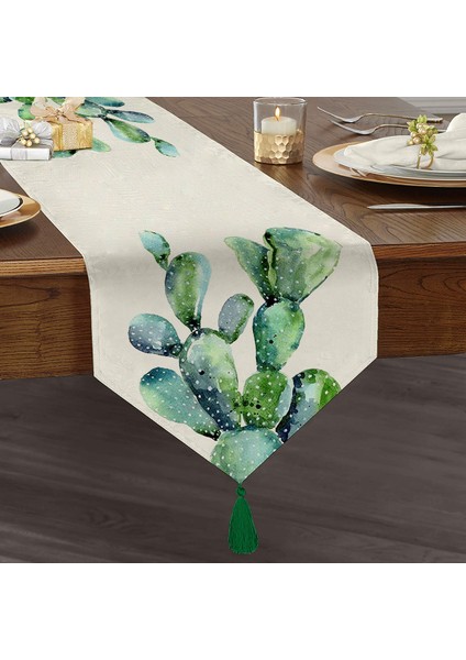 Suluboya Kaktüs Çizimli Modern Tasarım 3D Püsküllü Şönil Üçgen Runner