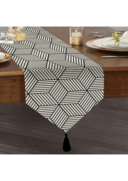 3D Cube Desenli Dijital Baskılı Modern Özel Tasarım Püsküllü Şönil Üçgen Runner