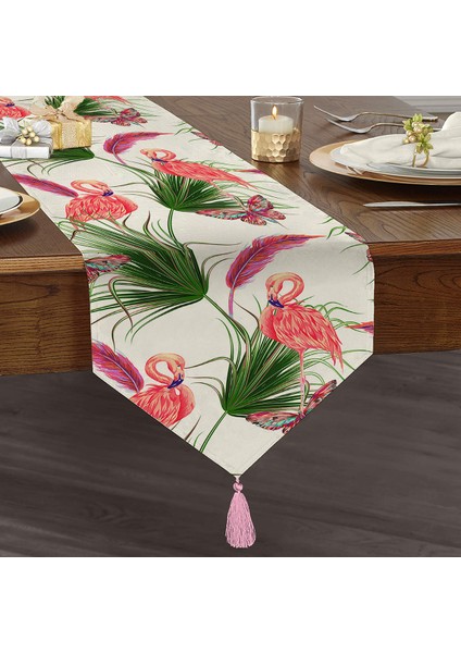 Flamingo Desen Dijital Baskılı Modern Püsküllü Şönil Üçgen Runner