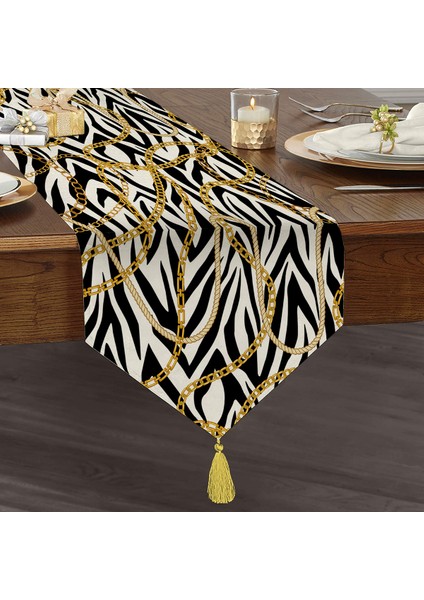 Zebra Zeminde Zincir Desen Tasarım Dijital Baskılı Modern Püsküllü Şönil Üçgen Runner