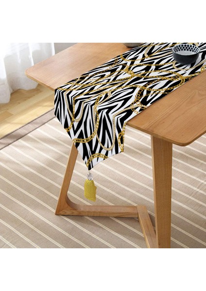 Zebra Zeminde Zincir Desen Tasarım Dijital Baskılı Modern Püsküllü Şönil Üçgen Runner