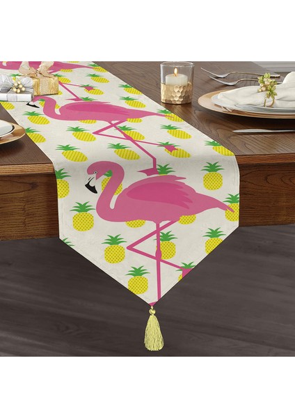 Ananas ve Flamingo Motifli Püsküllü Şönil Üçgen Runner