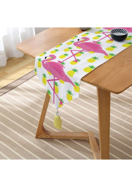 Ananas ve Flamingo Motifli Püsküllü Şönil Üçgen Runner