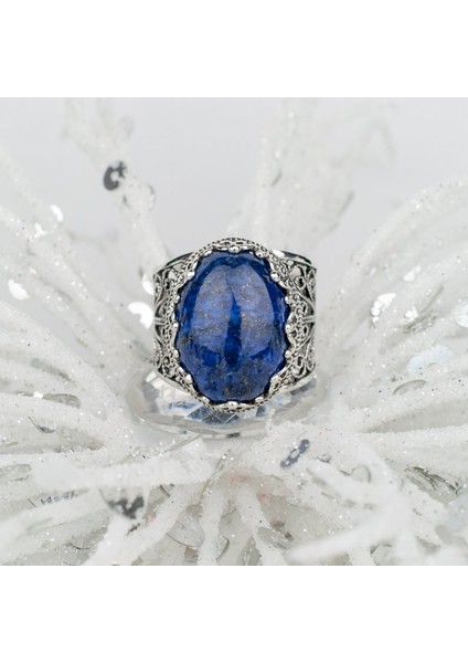 925 Ayar Gümüş Otantik El Işi Telkari Doğal Oval Lapis Lazuli Taşlı Kadın Yüzük fiyatları