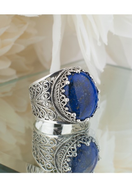 925 Ayar Gümüş Otantik El Işi Telkari Doğal Oval Lapis Lazuli Taşlı Kadın Yüzük modelleri