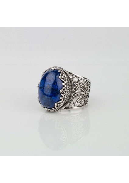 925 Ayar Gümüş Otantik El Işi Telkari Doğal Oval Lapis Lazuli Taşlı Kadın Yüzük fırsatları