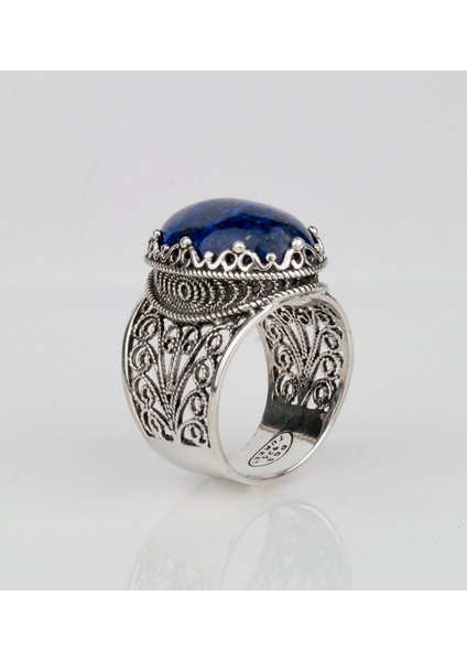 925 Ayar Gümüş Otantik El Işi Telkari Doğal Oval Lapis Lazuli Taşlı Kadın Yüzük indirimleri