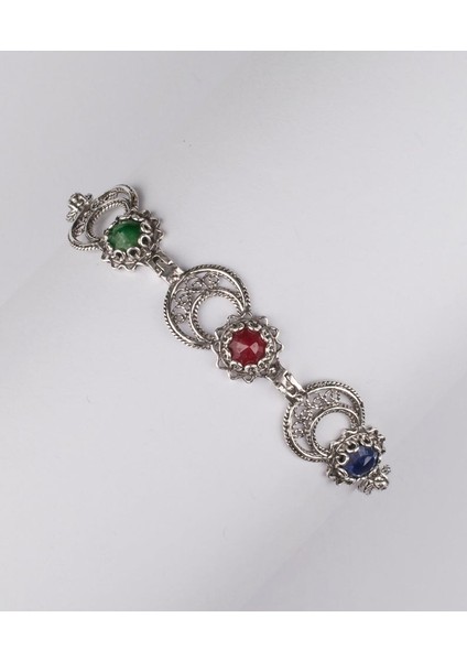 925 Ayar Gümüş Otantik El Işçiliği Telkari Doğal Safir ve Ruby Taşlı Kadın Bileklik