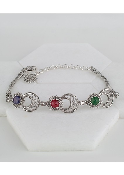 925 Ayar Gümüş Otantik El Işçiliği Telkari Doğal Safir ve Ruby Taşlı Kadın Bileklik fiyatları