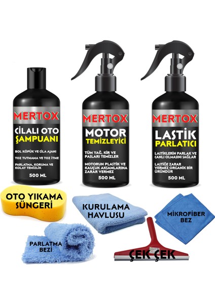 Otomobil Araç Araba Oto Temizlik ve Bakım Seti Oto Şampuanı+Motor+Lastik Parlatıcı 3X500ML Temizleme Solüsyon Bakım