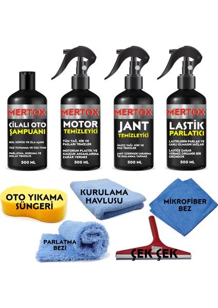 Otomobil Araç Araba Oto Temizlik ve Bakım Seti Motor Jant Temizleyici Oto Şampuanı ve Lastik Parlatıcı 4X500ML