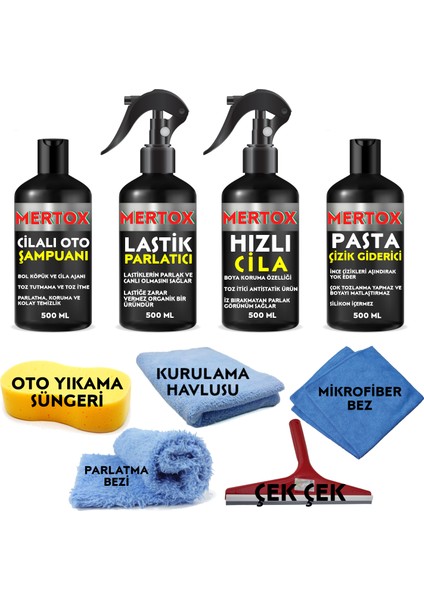 Otomobil Araç Araba Oto Temizlik ve Bakım Seti Oto Şampuanı+Lastik Parlatıcı+Hızlı Cila ve Ince Pasta Çizik Giderici 4X500ML