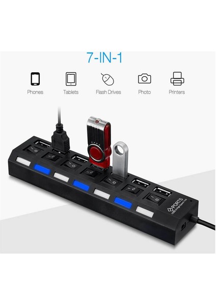 Temiz Pazar 7 Port Anahtarlı Adaptörlü USB Çoklayıcı