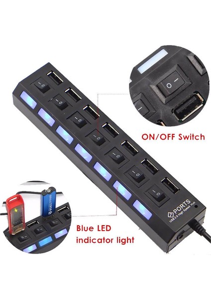 Temiz Pazar 7 Port Anahtarlı Adaptörlü USB Çoklayıcı