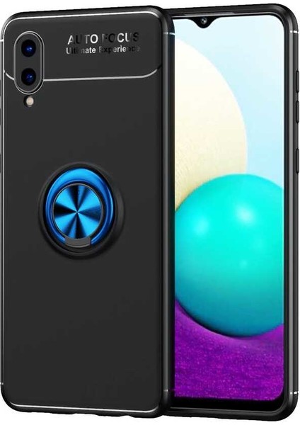 Samsung Galaxy A02 Kılıf Ultra Korumalı Yüzüklü Manyetik Ravel Silikon + Tam Kaplayan 5d Cam Ekran Koruyucu Siyah - Mavi