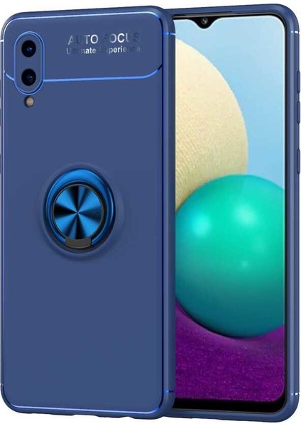 Samsung Galaxy A02 Kılıf Ultra Korumalı Yüzüklü Manyetik Ravel Silikon + Tam Kaplayan 5d Cam Ekran Koruyucu Lacivert