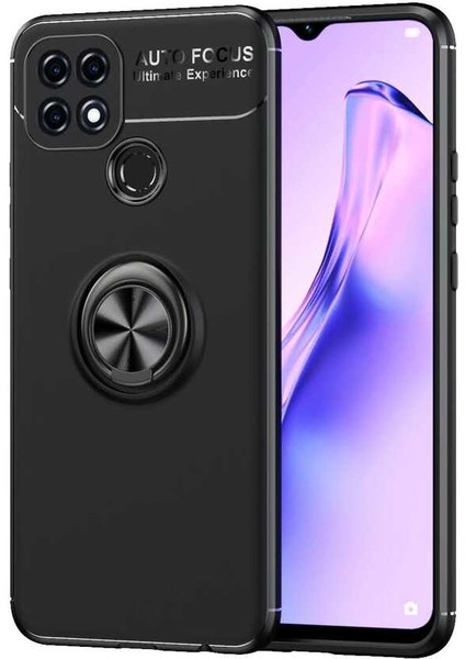 Oppo A15S Kılıf Ultra Korumalı Yüzüklü Manyetik Ravel Silikon + Tam Kaplayan 6d Nano Ekran Koruyucu Siyah