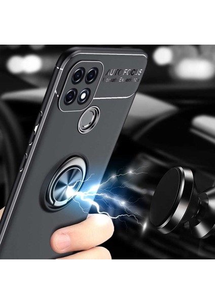Oppo A15S Kılıf Ultra Korumalı Yüzüklü Manyetik Ravel Silikon + Tam Kaplayan 6d Nano Ekran Koruyucu Siyah