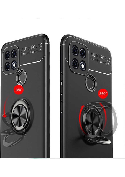 Oppo A15S Kılıf Ultra Korumalı Yüzüklü Manyetik Ravel Silikon + Tam Kaplayan 6d Nano Ekran Koruyucu Kırmızı