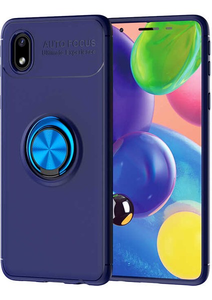 Samsung Galaxy A01 Core Kılıf Ultra Korumalı Yüzüklü Manyetik Ravel Silikon + Tam Kaplayan 6d Nano Ekran Koruyucu Lacivert