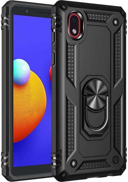 Samsung Galaxy A01 Core Kılıf Çift Katmanlı Yüzüklü Manyetik Vega Kapak + Cam Ekran Koruyucu Siyah