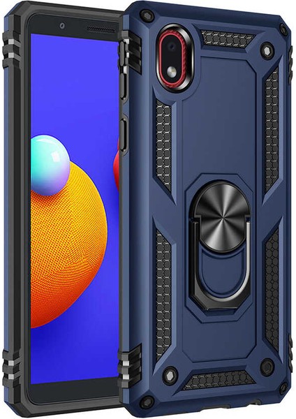 Samsung Galaxy A01 Core Kılıf Çift Katmanlı Yüzüklü Manyetik Vega Kapak + Cam Ekran Koruyucu Lacivert