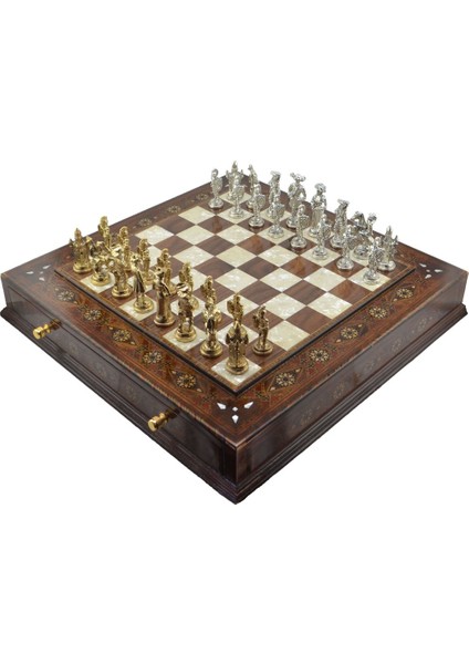 Gifthome Metal Satranç Takımı/seti;battal,ispanyol,parlak,sedefli,k.cvz,çekm. Satranç Tahtası