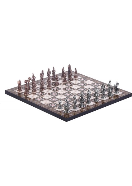 Gifthome Metal Satranç Takımı / Seti ; Küçük Boy, Truva Figürlü, Antik Satranç Taşı ve Mdf, Sedef Desenli Satranç Tahtası