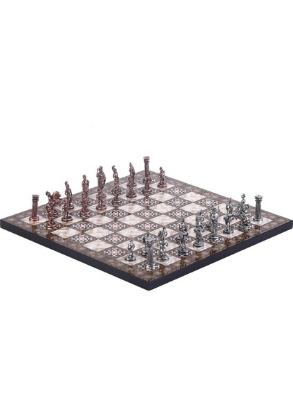 Gifthome Metal Satranç Takımı / Seti ; Küçük Boy, Roma Figürlü, Antik Satranç Taşı ve Mdf, Sedef Desenli Satranç Tahtası
