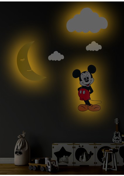 Ahşap Mickey Gece Lambası Set