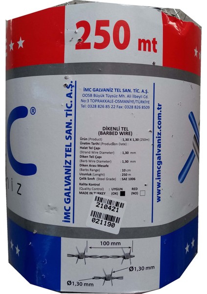 Dikenli Galvanız Tel 250 metre Uzunluk 1,30 mm x 130 mm