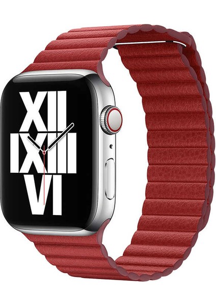 - Apple Watch 44mm - Kordon Deri Lop Kordon KRD-09 - Kırmızı