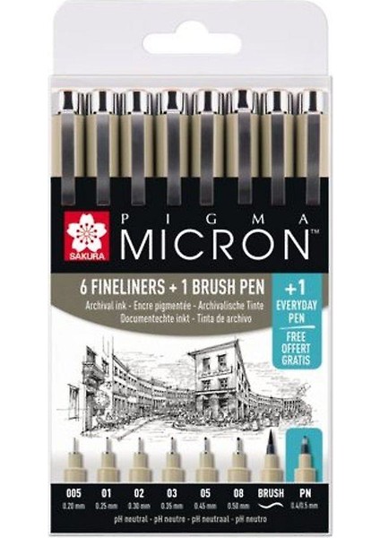 Pigma Micron 8 Parça Set 6 Fineliner, 1 Fırça Kalem Pn Kalem