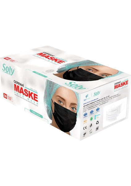 Soly Care 3 Katlı Lastikli Telli Siyah Cerrahi Maske 50 Adet