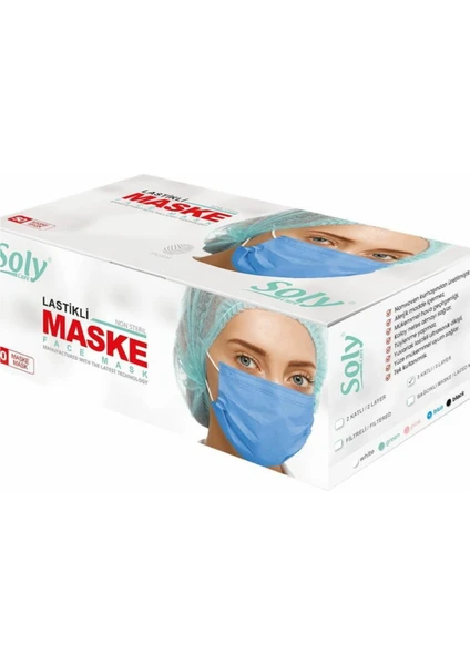 Soly Care 3 Katlı Lastikli Telli Mavi Cerrahi Maske 50 Adet