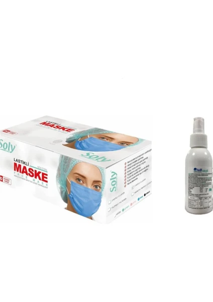 Soly Care 3 Katlı Lastikli Mavi Cerrahi Maske 50 Adet + Idsept Sprey Dezenfektan 100 ml