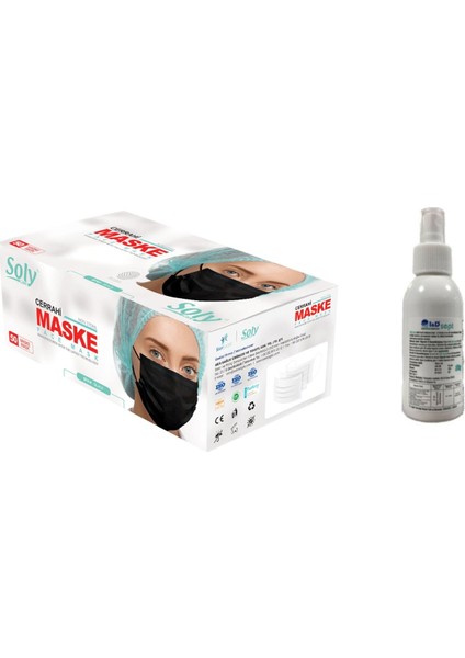 3 Katlı Lastikli Siyah Cerrahi Maske 50 Adet + Idsept Sprey Dezenfektan 100ML