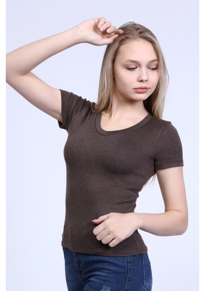 Kadın Kahve V Yaka T-Shirt indirimleri